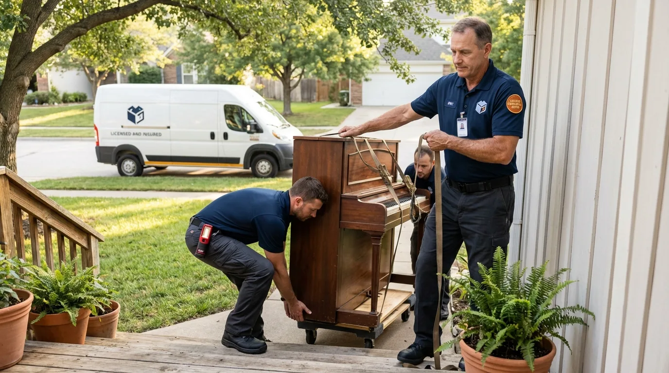 Licensed piano movers securing grand piano in Wilmington, OH