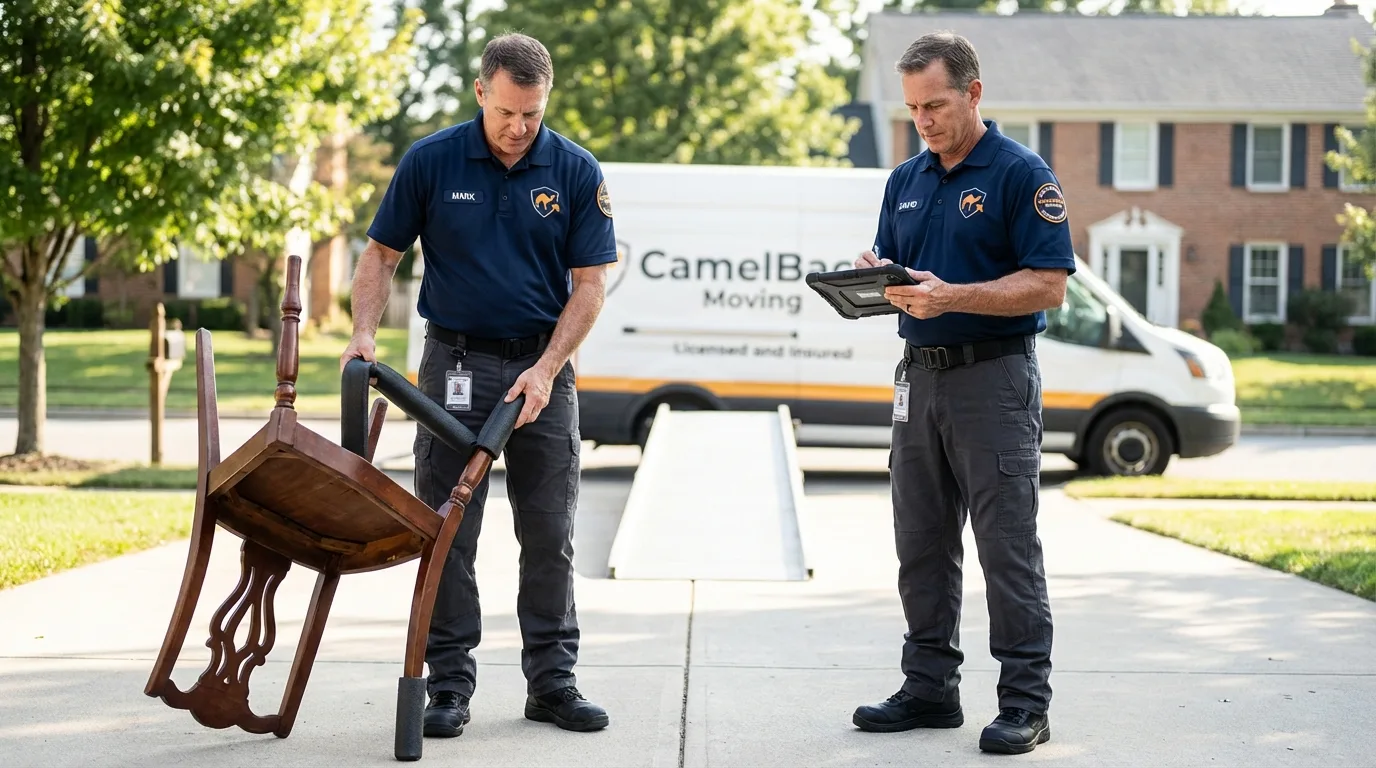Movers inspecting furniture for damage prevention before loading in Wilmington, OH